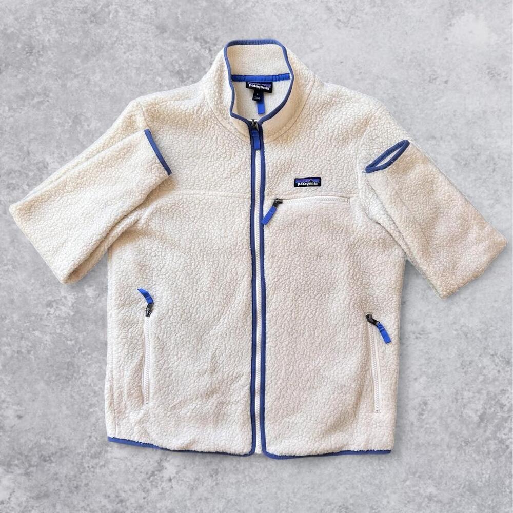 Patagonia Cream White Fleece Zip Up Jacket Blue Purple Trim Outdoor Hiking - L
